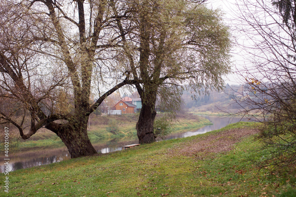 Fototapeta premium Autumn landscape, village houses on the river bank with trees. Autumn distance. Moscow river, Moscow region, Russia.