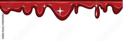 Red streaks of liquid. Cherry, plum or strawberry jam. Red paint runs off thickly. Custard. The drops slide. The isolated object on a white background. Frame. Vector