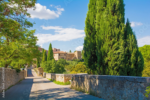 Part of the walls to the historic medieval village of San Quirico D'Orcia, Siena Province, Tuscany, Italy
