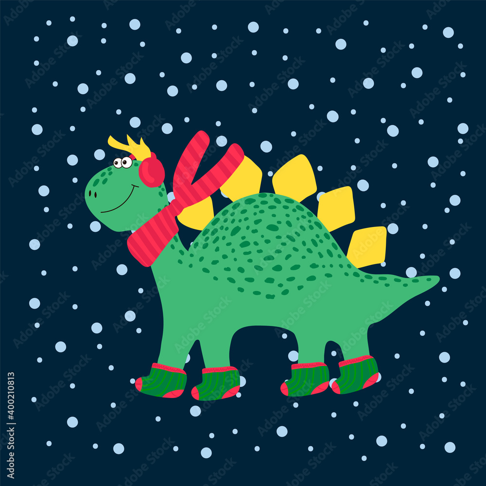Christmas cute dinosaur. Winter cartoon illustrations of wild animals in winter clothes. vector dinosaur poster in scarf and socks for kids. The characters in warm clothes in the winter. The dinos are