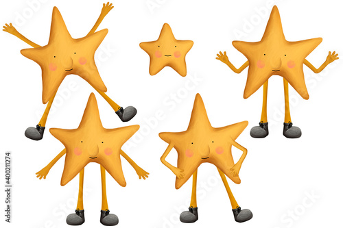 Drawn star character. Stickers bundle on white background