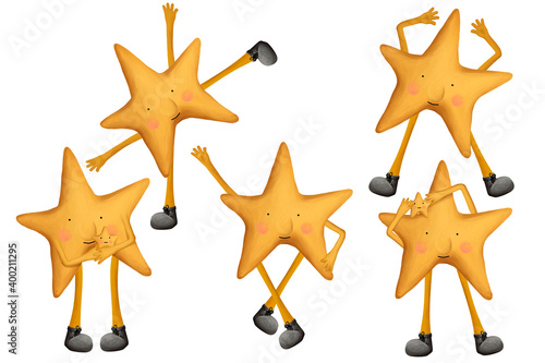Drawn star character. Stickers set on white background