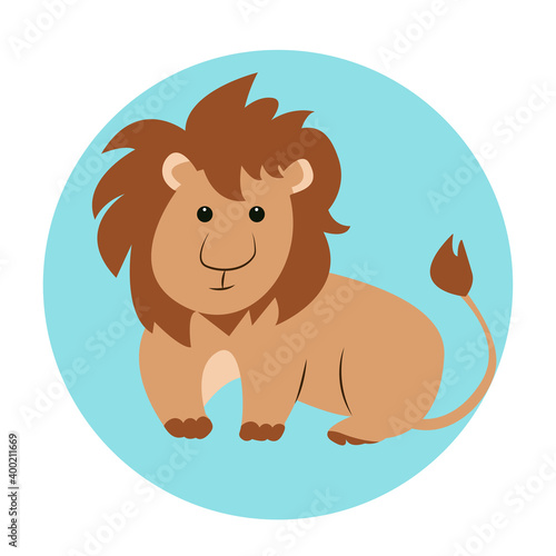  Funny cartoon lion with shaggy mane sits and looks straight, vector illustration on isolated background in simple childish flat style.