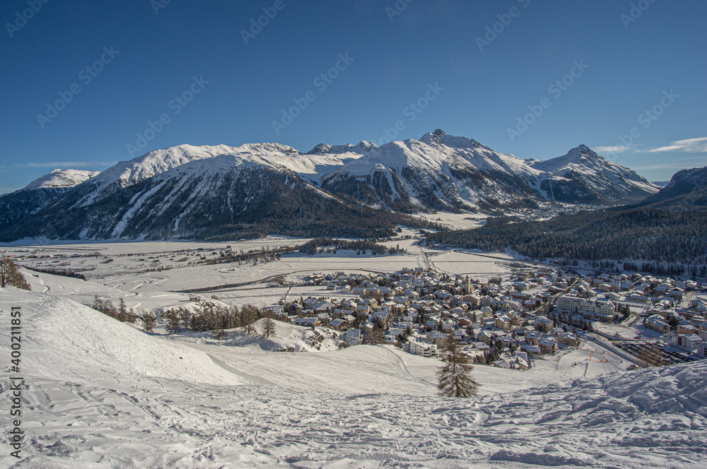 Sunny december day at St.Moritz Skiresort in Switzerland.