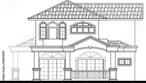 Two-storey terraced house in 2D black and white CAD drawing. 
