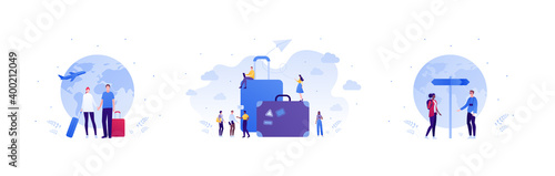 World travel and international tourism concept. Vector flat people illustration set. Planet Earth, luggage bag and briefcase sign. Group of multiethnic character. Aviation and plane symbols.