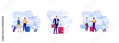 World travel, international tourism and business concept. Vector flat people illustration set. Group of multiethnic male and female character with luggage bag and briefcase on airport background.