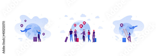World travel and international tourism concept. Vector flat people illustration set. Group of multiethnic male and female character with luggage bag and briefcase on planet earth background.