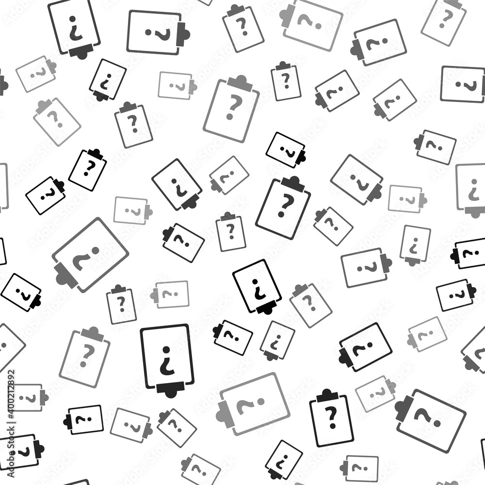Black Clipboard with question marks icon isolated seamless pattern on white background. Survey, quiz, investigation, customer support questions concepts. Vector Illustration. Black Clipboard with question marks icon isolated seamless pattern on white background. Survey, quiz, investigation, customer support questions concepts. Vector Illustration.