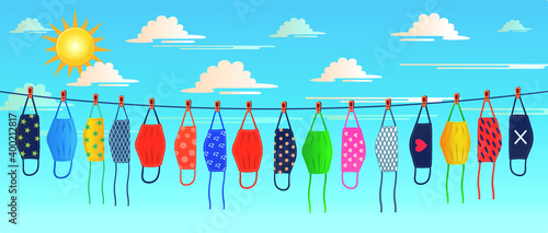The cloth face masks hanging on washing line for sunlight outdoor vector illustration.