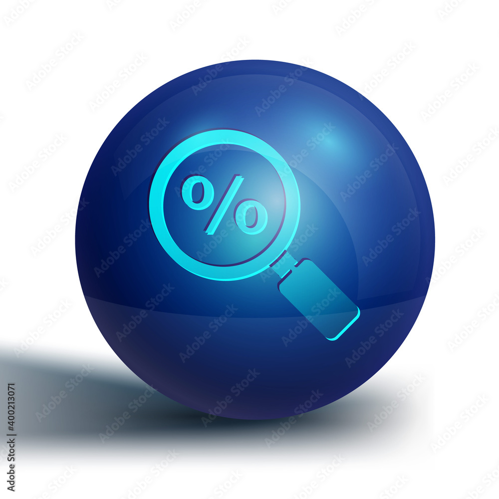 Blue Magnifying glass with percent icon isolated on white background. Discount offers searching. Search for discount sale sign. Blue circle button. Vector Illustration. Blue Magnifying glass with percent icon isolated on white background. Discount offers searching. Search for discount sale sign. Blue circle button. Vector Illustration.