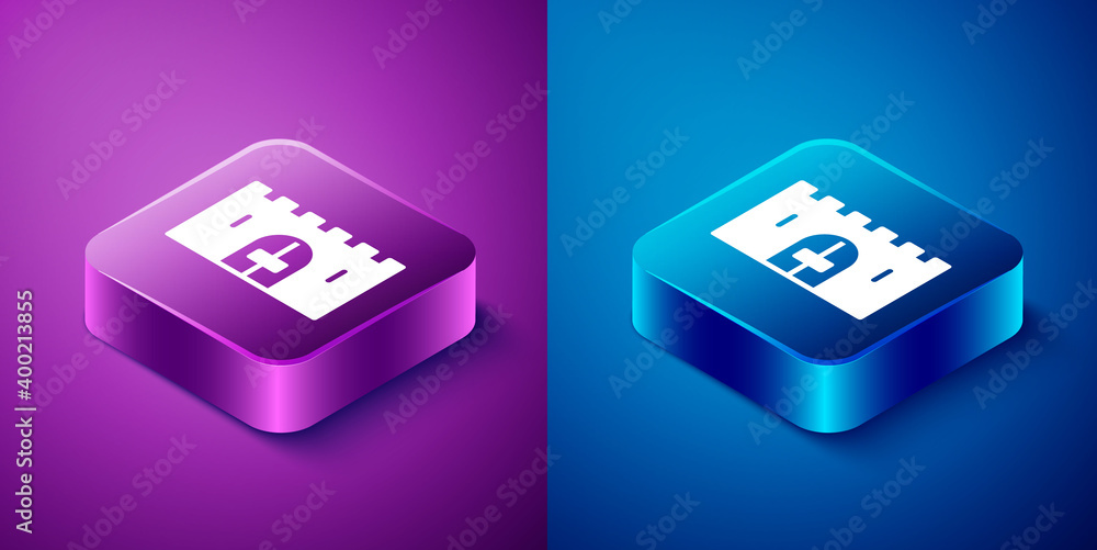 Isometric Medieval castle gate in a stone wall icon isolated on blue and purple background. Medieval fortress. Protection from enemies. Square button. Vector. Isometric Medieval castle gate in a stone wall icon isolated on blue and purple background. Medieval fortress. Protection from enemies. Square button. Vector.