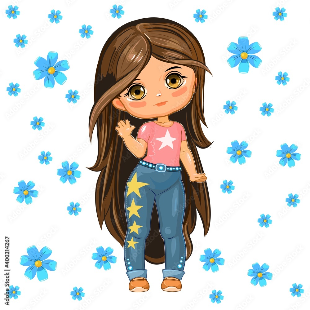 Cute little girl in jeans with stars. Cheerful funny child in a good mood. The isolated object on a white background. Young baby in beachwear. Cartoon flat style. Vector Cute little girl in jeans with stars. Cheerful funny child in a good mood. The isolated object on a white background. Young baby in beachwear. Cartoon flat style. Vector