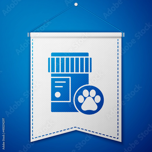 Blue Dog medicine bottle icon isolated on blue background. Container with pills. Prescription medicine for animal. White pennant template. Vector.