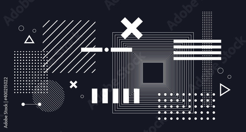 Black and white geometric shape abstract background, stripes and dots 3d wide wallpaper vector