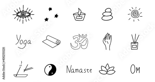 Set of elements for meditation and yoga. Black and white hand drawn doodle icon. Vector isolated symbol illustration
