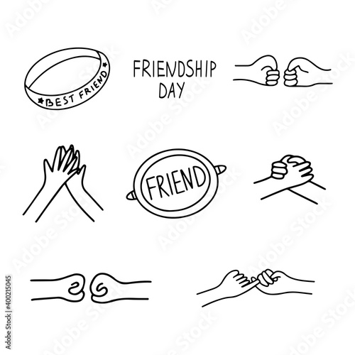 Set of icons on the theme of friendship. Handshake, greeting, friendship bracelet, badge with the inscription friend. Happy friendship day. Black and white vector illustration isolated