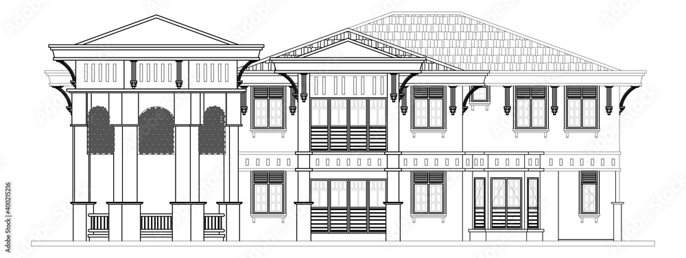 Two-storey terraced house in 2D black and white CAD drawing. Tropical climate design. 