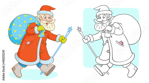 Santa Claus with a large bag of gifts in a hurry to meet the New year. Coloring page with colorful example. In cartoon style. Vector illustration. For coloring book.