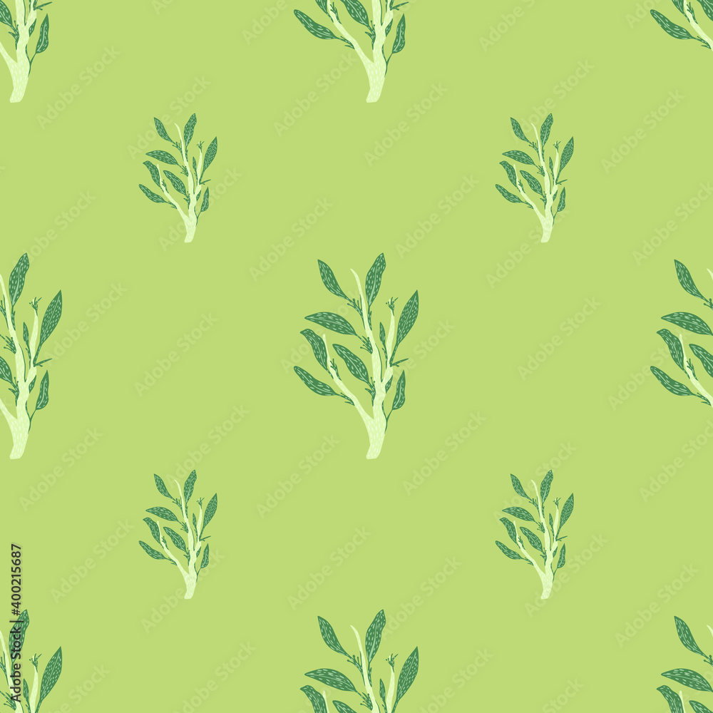 Green foliage ornament doodle seamless pattern. Light green background in pastel tones.