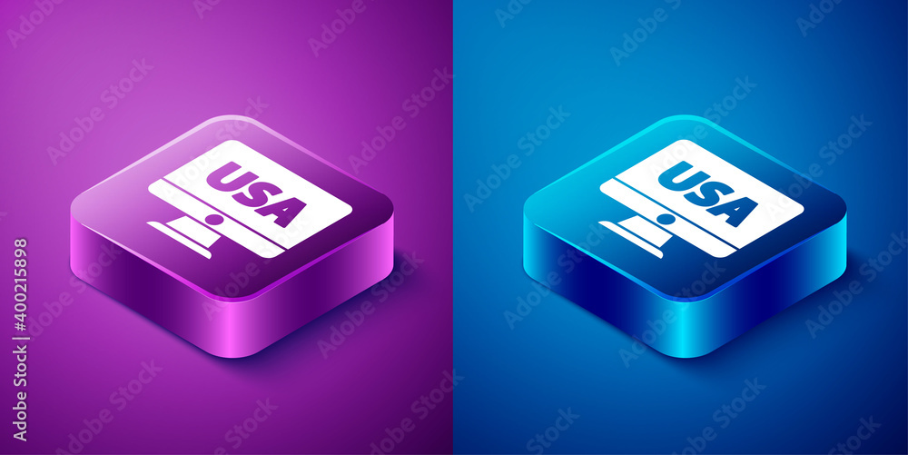 Isometric USA United states of america on monitor icon isolated on blue and purple background. Square button. Vector. Isometric USA United states of america on monitor icon isolated on blue and purple background. Square button. Vector.
