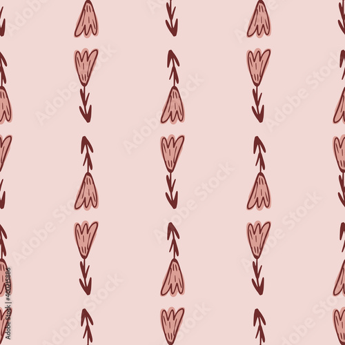 Tender seamless doodle pattern with outline tulip flowers print. Pink palette botanic backdrop.