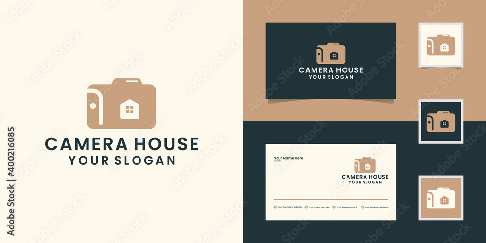 Camera with home or real estate house concept illustration for logo template design and business card