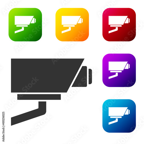 Black Security camera icon isolated on white background. Set icons in color square buttons. Vector.