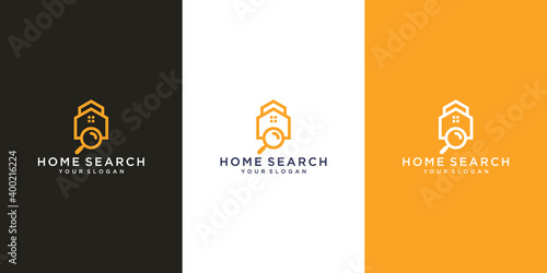Home search logo template. Vector design of house and magnifying glass.