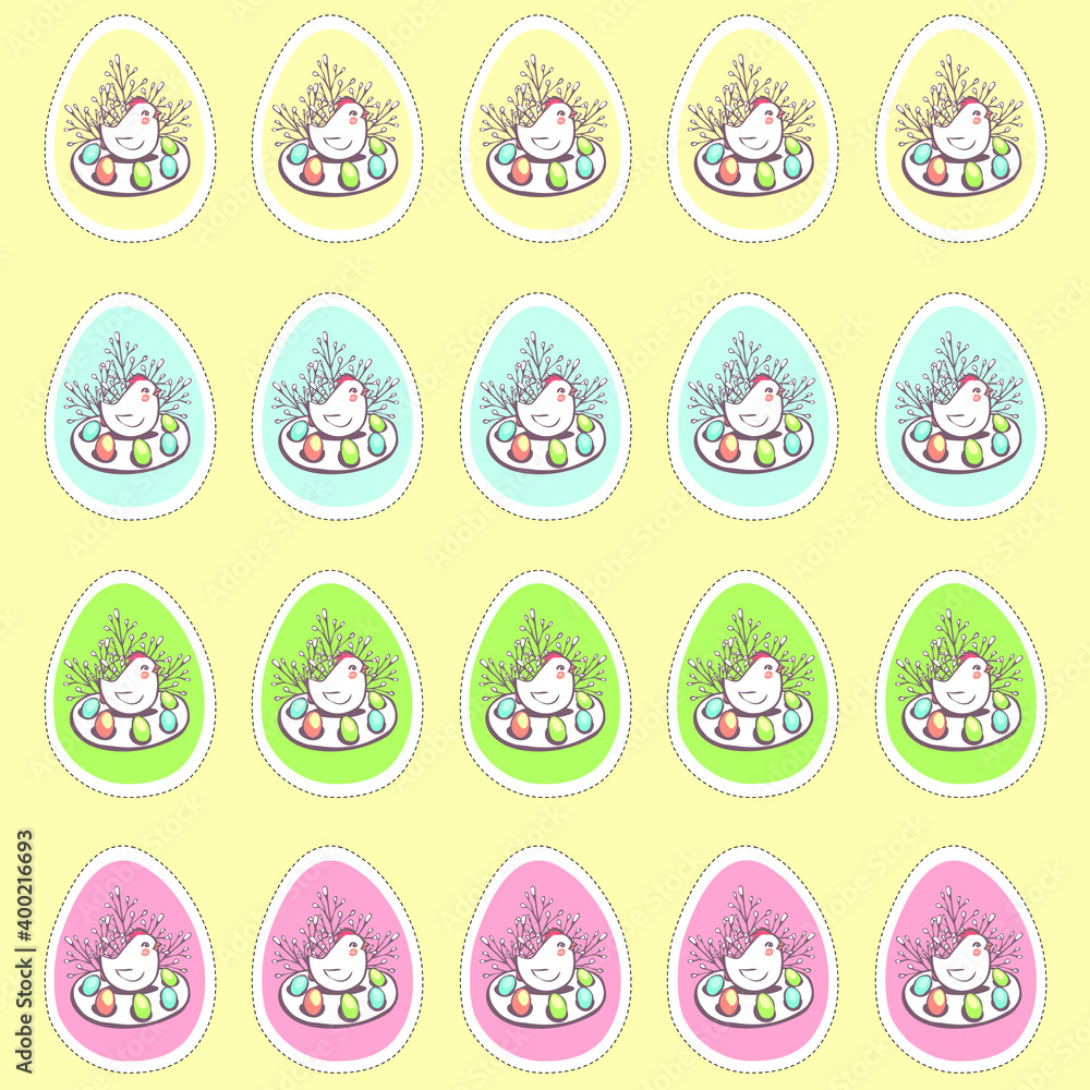 Easter set of stickers in the form of eggs in four colors. Chicken on a plate with easter eggs on the background of willow branches. Easter set of stickers in the form of eggs in four colors. Chicken on a plate with easter eggs on the background of willow branches.