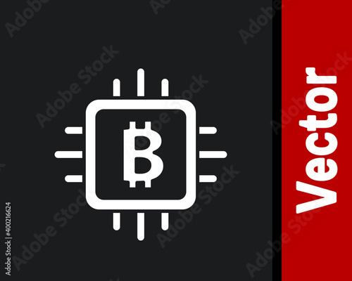 White CPU mining farm icon isolated on black background. Bitcoin sign inside processor. Cryptocurrency mining community. Digital money. Vector.