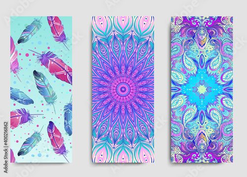 Yoga card, flyer, poster, mat design. Colorful template for spiritual retreat or yoga studio. Ornamental business cards, oriental pattern. Vector illustration