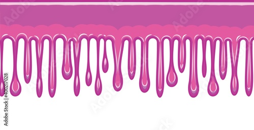 Beads of pink liquid. The paint runs off thickly. Jelly. The drops slide. The isolated object on a white background. Frame. Vector