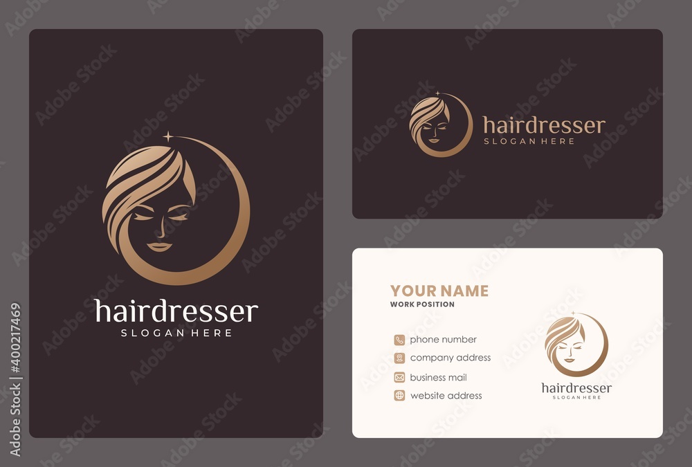 golden beauty hair logo design with business card template. golden beauty hair logo design with business card template.