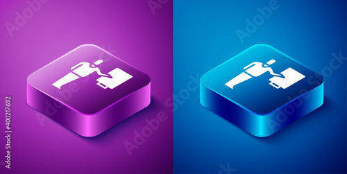 Isometric Museum guide icon isolated on blue and purple background. Square button. Vector.