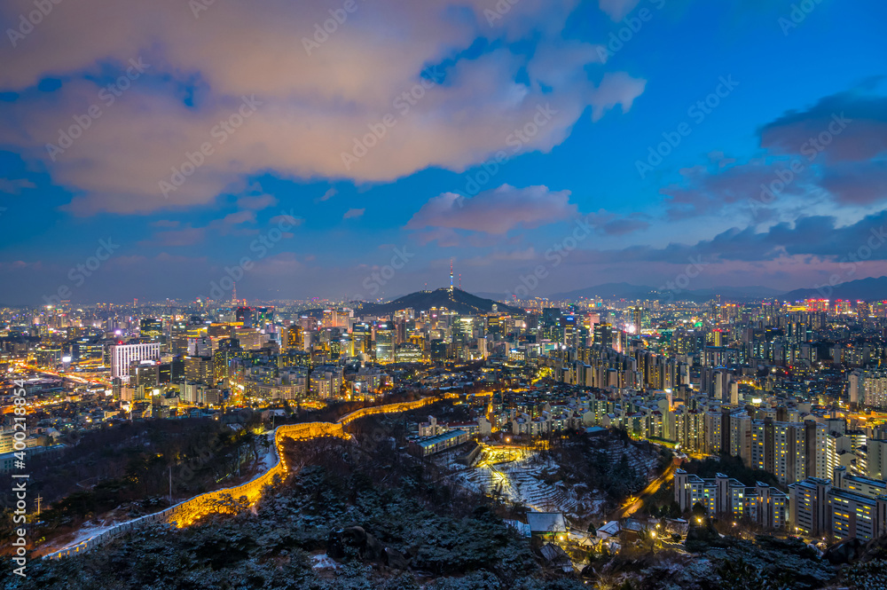 Night skyline of Seoul with Seoul tower, South Korea.
