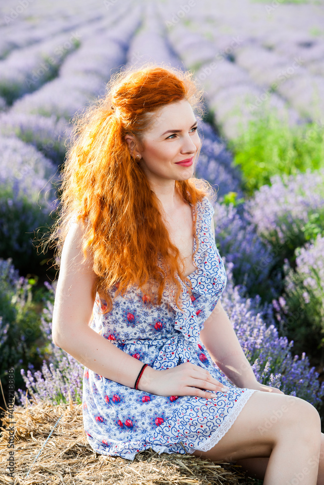 Summer portrait of a beautiful girl with long curly red hair. European girl in lavender field. Wavy Red Hair
Summer portrait of a beautiful girl with long curly red hair. European girl in lavender field. Wavy Red Hair