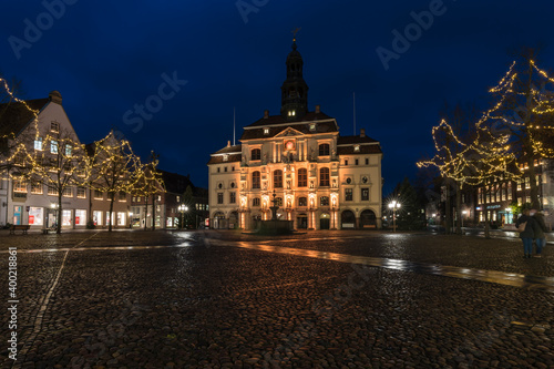 City hall of Lueneburg at night.