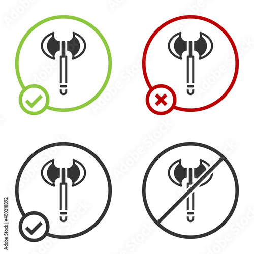 Black Medieval axe icon isolated on white background. Battle axe, executioner axe. Medieval weapon. Circle button. Vector.