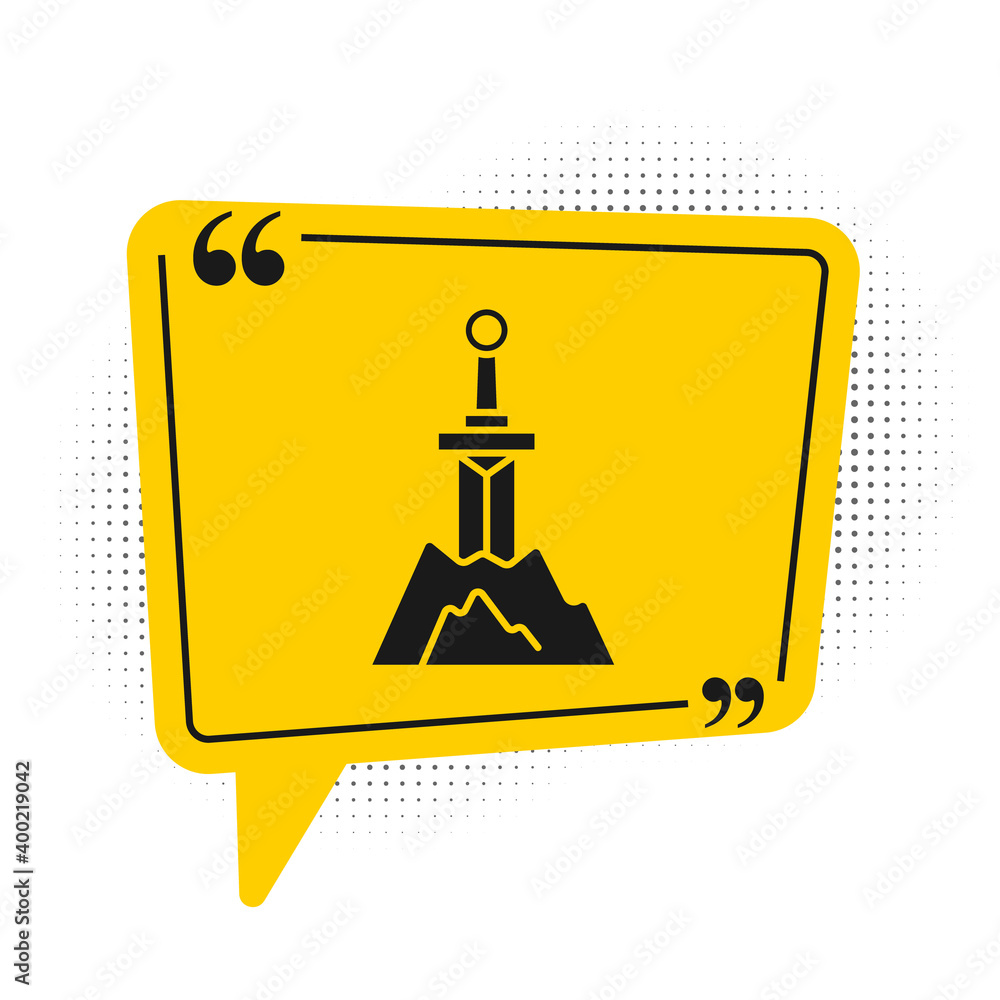 Black Sword in the stone icon isolated on white background. Excalibur the sword in the stone from the Arthurian legends. Yellow speech bubble symbol. Vector.
