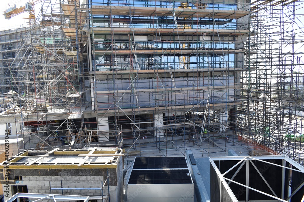 scaffolding Platform for a canopy works. a new civil construction site Building in Oman. Oman city. 