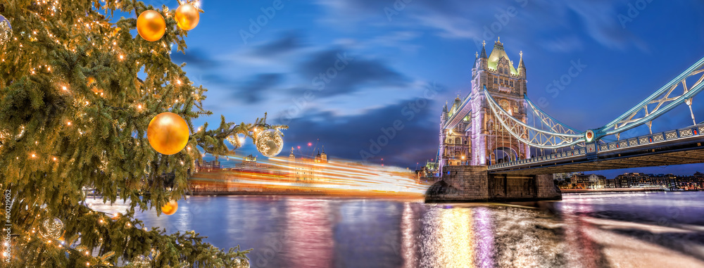 Panorama with Tower Bridge during Christmas time in London, UK
