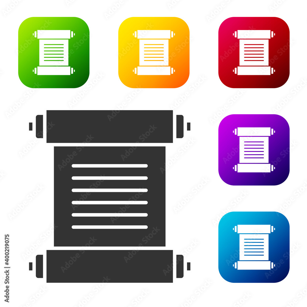 Black Decree, paper, parchment, scroll icon icon isolated on white background. Set icons in color square buttons. Vector. Black Decree, paper, parchment, scroll icon icon isolated on white background. Set icons in color square buttons. Vector.