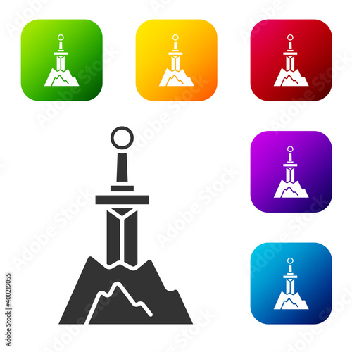 Black Sword in the stone icon isolated on white background. Excalibur the sword in the stone from the Arthurian legends. Set icons in color square buttons. Vector.