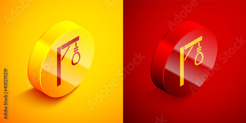 Isometric Gallows rope loop hanging icon isolated on orange and red background. Rope tied into noose. Suicide, hanging or lynching. Circle button. Vector. Free Download Isometric Gallows rope loop hanging icon isolated on orange and red background. Rope tied into noose. Suicide, hanging or lynching. Circle button. Vector. - GFXLoad