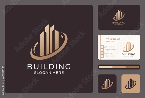 elegant building logo design with business card template.