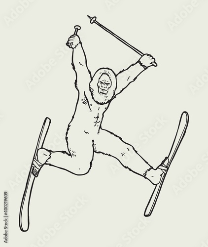 Funny bigfoot character jumping on skis. Isolated vector illustration. Winter sports character.