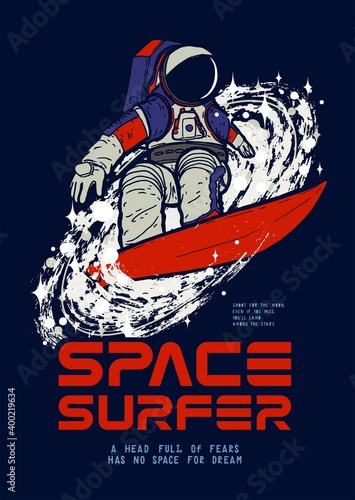PrintSpace surfer in new space suit for american moon colony. Space t-shirt print with astronaut surfing the galaxy. Vector illustration t-shirt print.