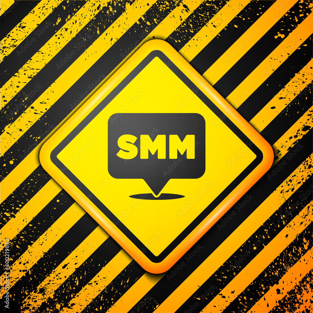 Black SMM icon isolated on yellow background. Social media marketing, analysis, advertising strategy development. Warning sign. Vector. Black SMM icon isolated on yellow background. Social media marketing, analysis, advertising strategy development. Warning sign. Vector.
