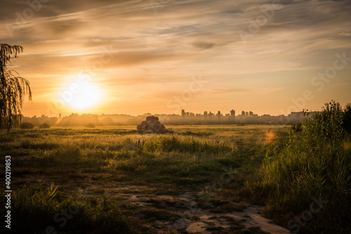 dawn, sunset, field, hay, nature, haystack, sun, rays of the sun